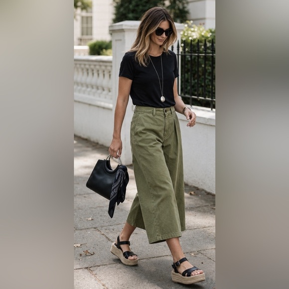 Nili Lotan Pants - Nili Lotan Army Green Wide Leg Cropped Pants High Waist 4